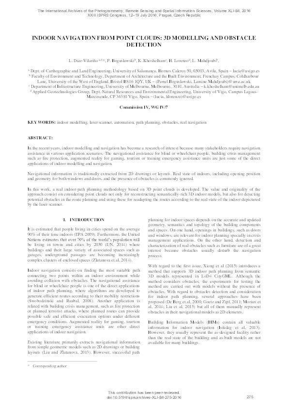 Indoor navigation from point clouds: 3D modelling and obstacle detection Thumbnail