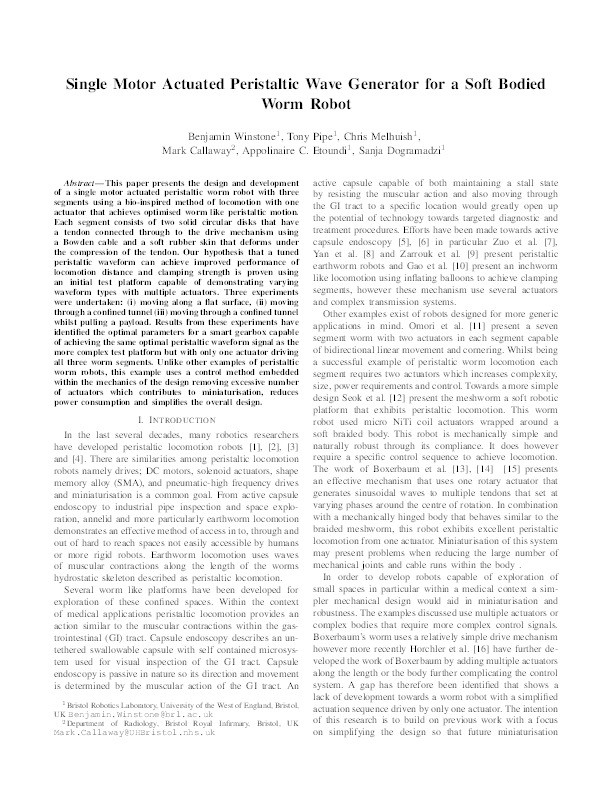 Single motor actuated peristaltic wave generator for a soft bodied worm robot Thumbnail