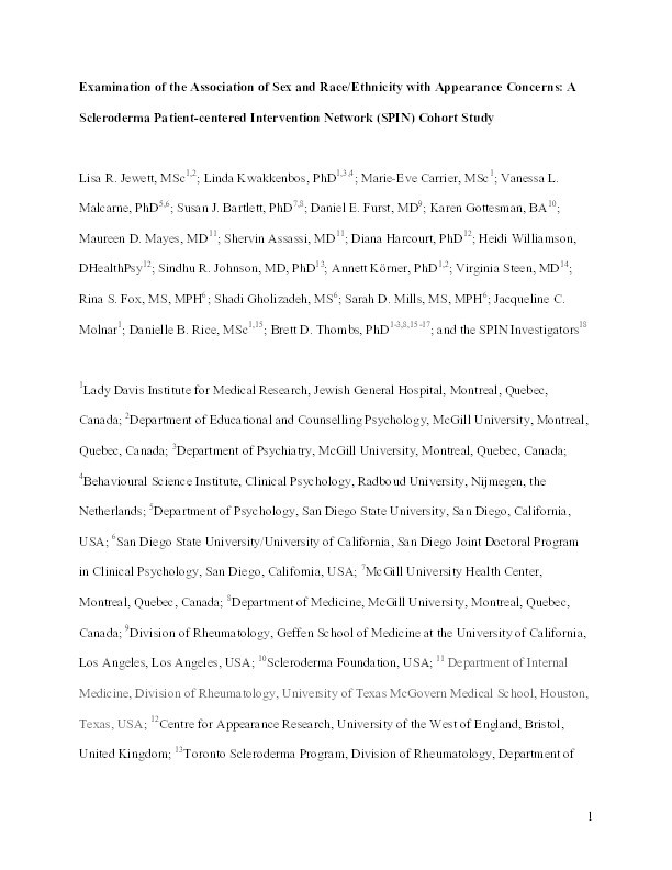 Examination of the association of sex and race/ethnicity with appearance concerns: A Scleroderma Patient-centered Intervention Network (SPIN) cohort study Thumbnail