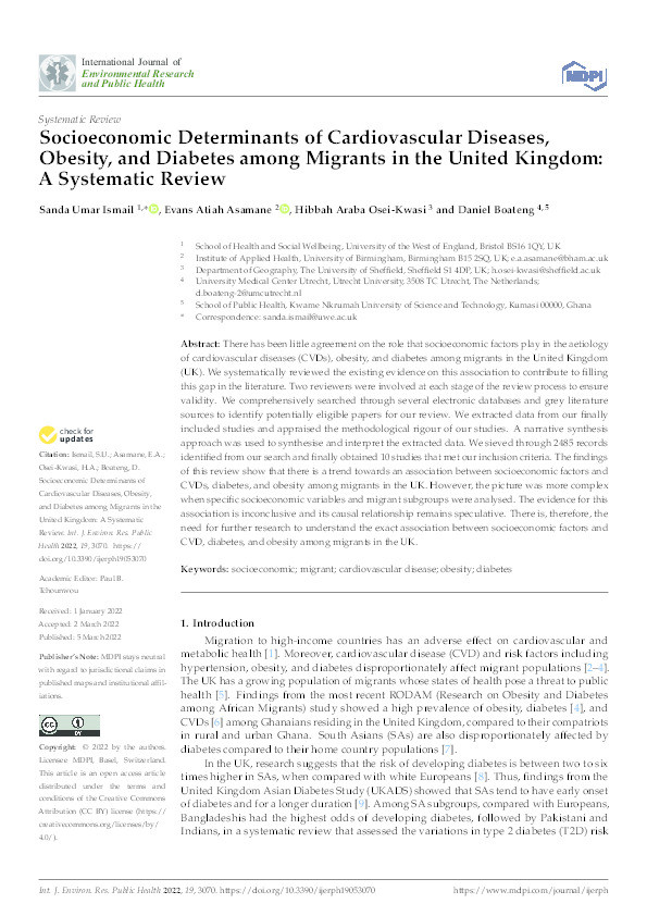Socioeconomic determinants of cardiovascular diseases, obesity, and diabetes among migrants in the United Kingdom: A systematic review Thumbnail