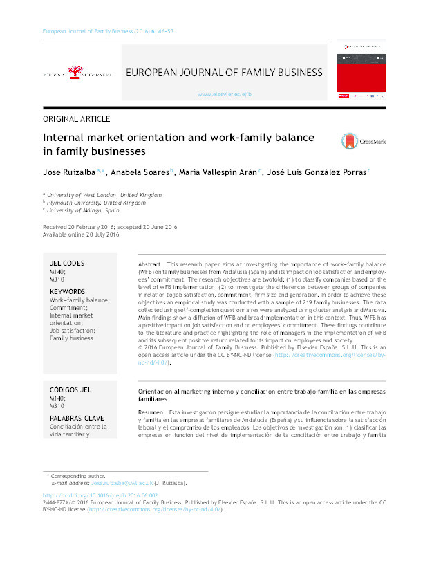 Internal market orientation and work-family balance in family businesses Thumbnail