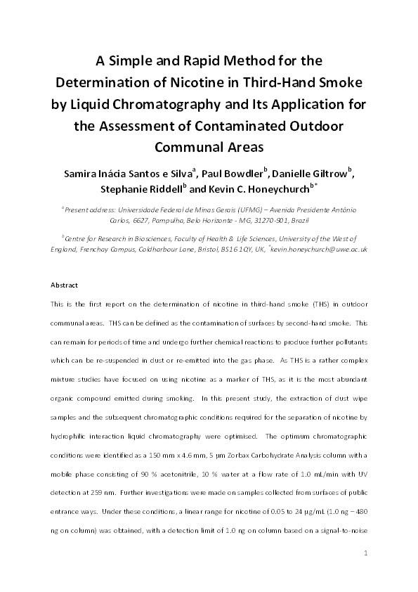 A simple and rapid method for the determination of nicotine in third-hand smoke by liquid chromatography and its application for the assessment of contaminated outdoor communal areas Thumbnail