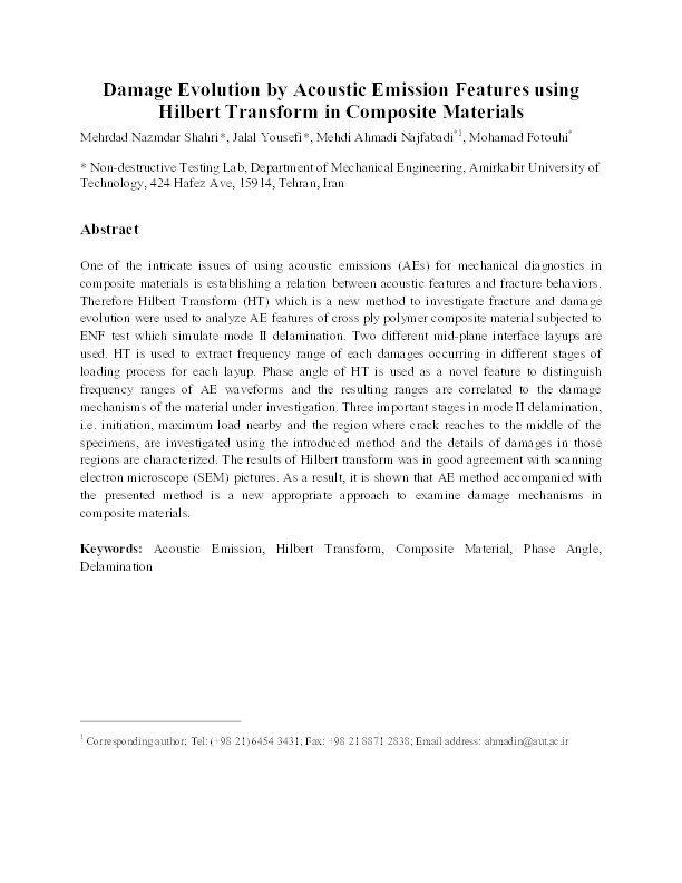 Damage evaluation of composite materials using acoustic emission features and Hilbert transform Thumbnail