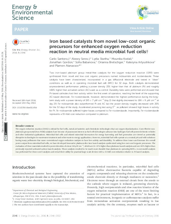 Iron based catalysts from novel low-cost organic precursors for enhanced oxygen reduction reaction in neutral media microbial fuel cells Thumbnail