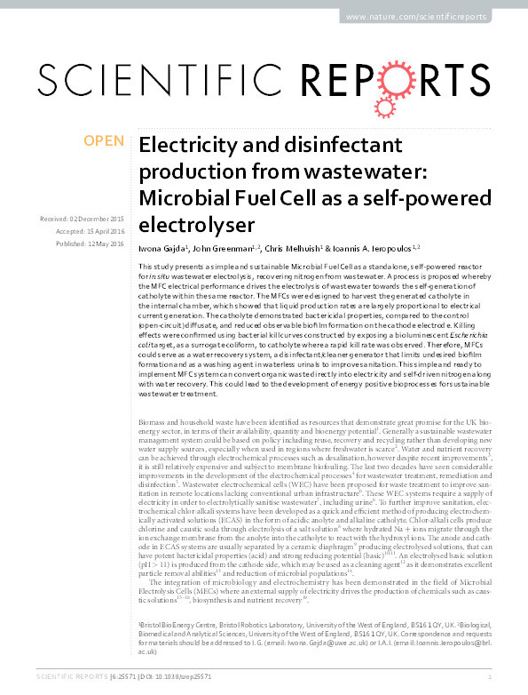 Electricity and disinfectant production from wastewater: Microbial Fuel Cell as a self-powered electrolyser Thumbnail