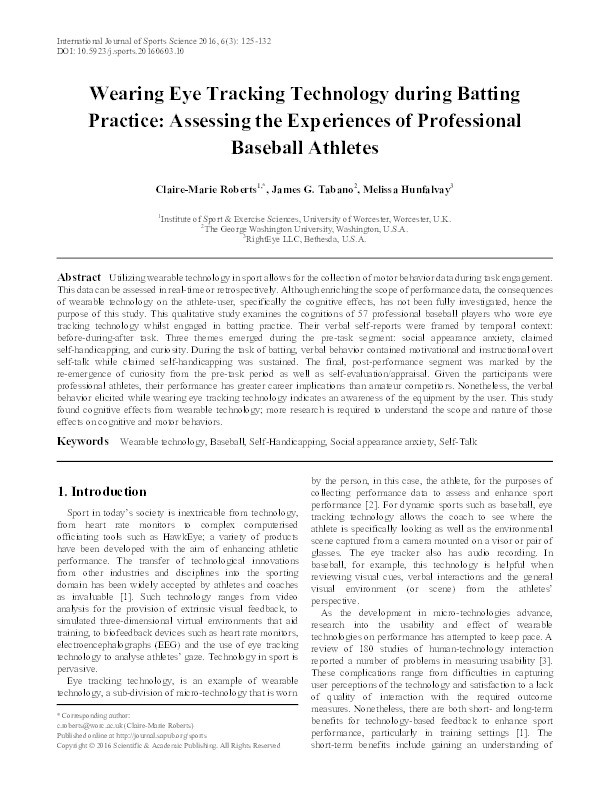 Wearing eye tracking technology during batting practice: Assessing the experiences of professional baseball athletes Thumbnail