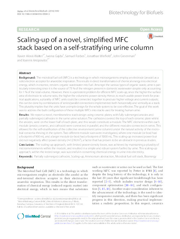 Scaling-up of a novel, simplified MFC stack based on a self-stratifying urine column Thumbnail