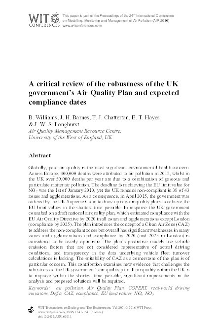A critical review of the robustness of the UK government’s air quality plan and expected compliance dates Thumbnail