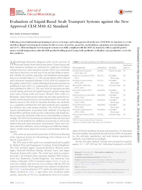 Evaluation of liquid-based swab transport systems against the new approved CLSI M40-A2 standard Thumbnail