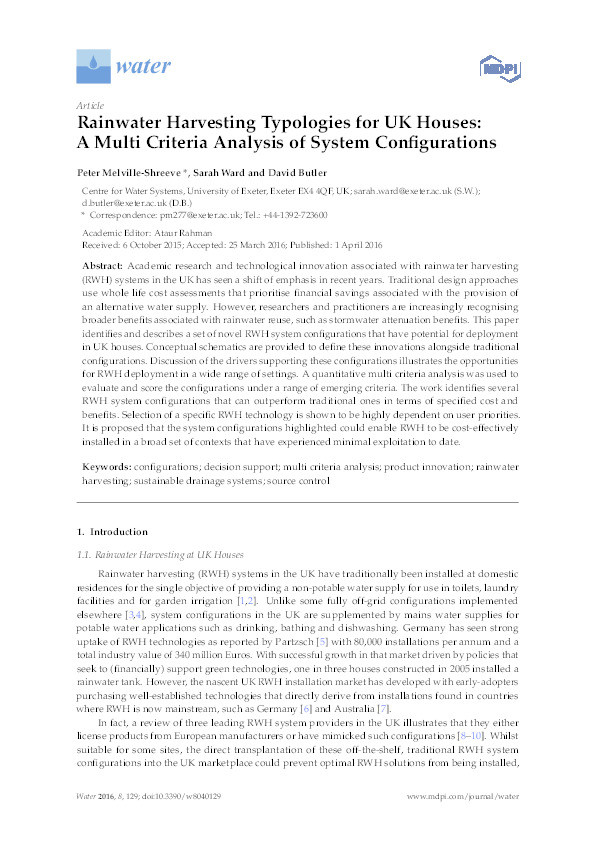 Rainwater harvesting typologies for UK houses: A multi criteria analysis of system configurations Thumbnail