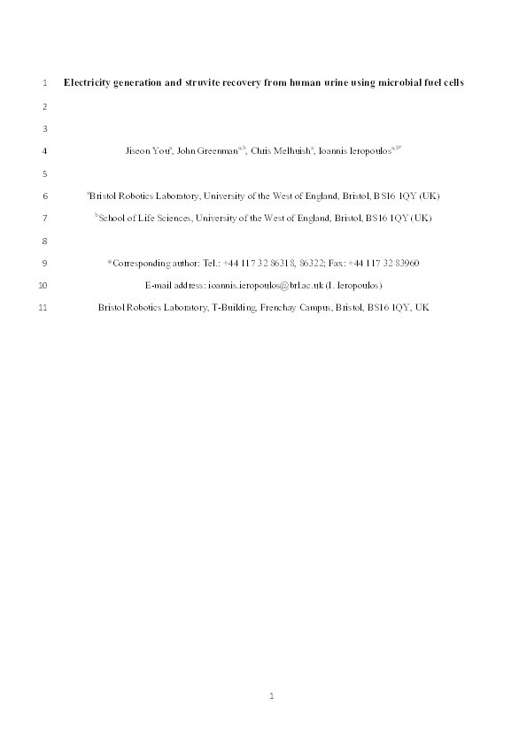 Electricity generation and struvite recovery from human urine using microbial fuel cells Thumbnail