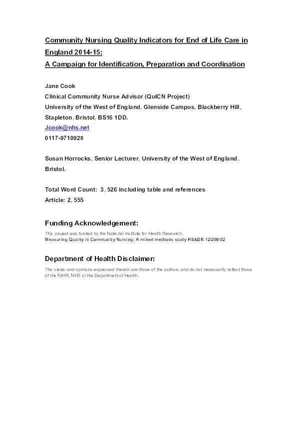 Community nursing quality indicators for end-of-life care in England: Identification, preparation, and coordination Thumbnail