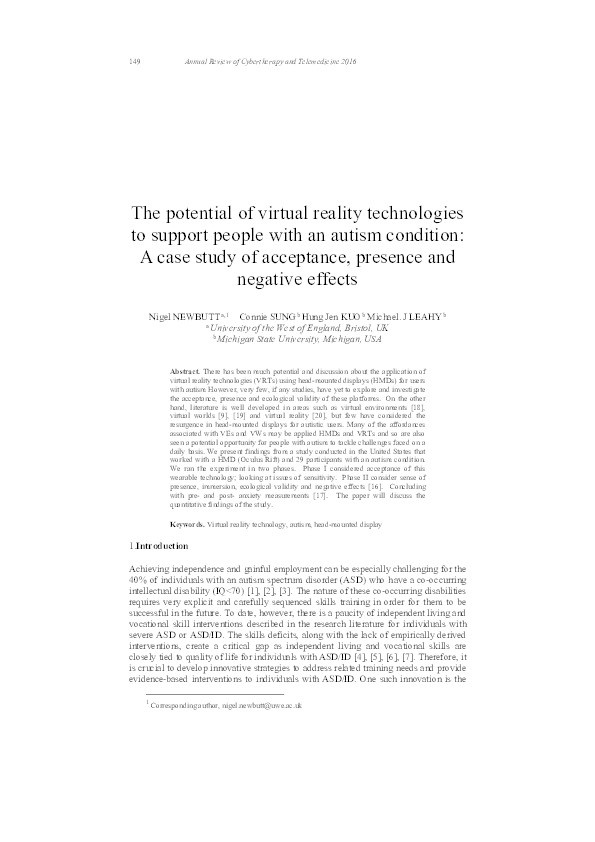 The potential of virtual reality technologies to support people with an autism condition: A case study of acceptance, presence and negative effects Thumbnail