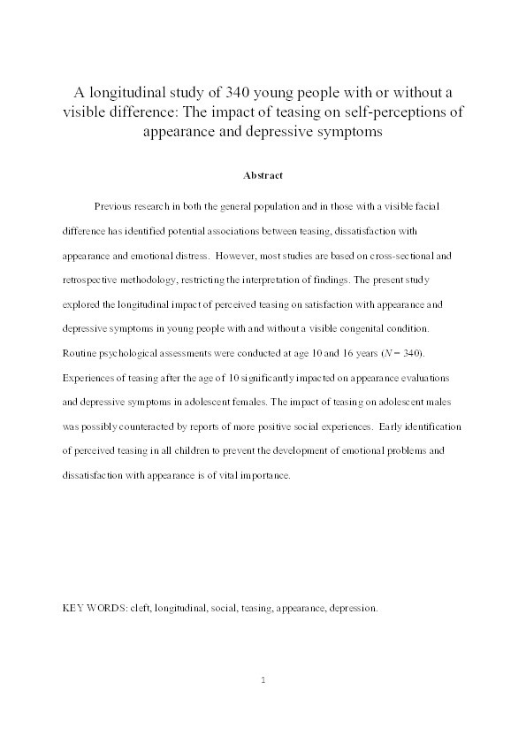 A longitudinal study of 340 young people with or without a visible difference: The impact of teasing on self-perceptions of appearance and depressive symptoms Thumbnail