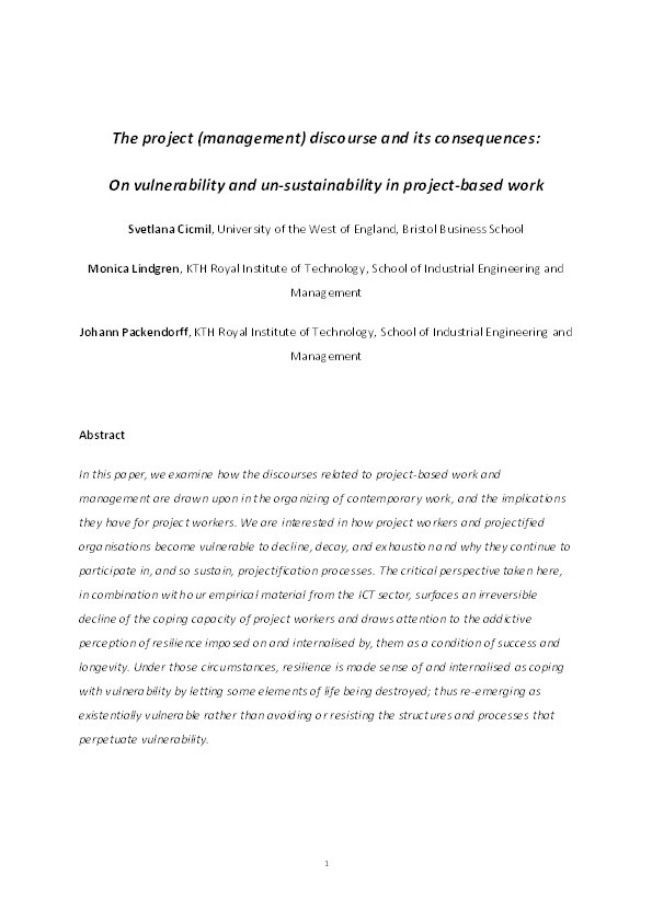 The project (management) discourse and its consequences: On vulnerability and unsustainability in project-based work Thumbnail