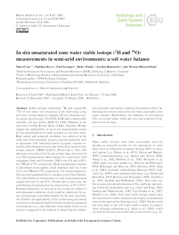 In situ unsaturated zone water stable isotope (2H and 18O) measurements in semi-arid environments: A soil water balance Thumbnail