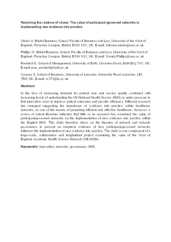 Resolving the rainbow of chaos: The value of participant-governed networks in implementing new evidence into practice Thumbnail