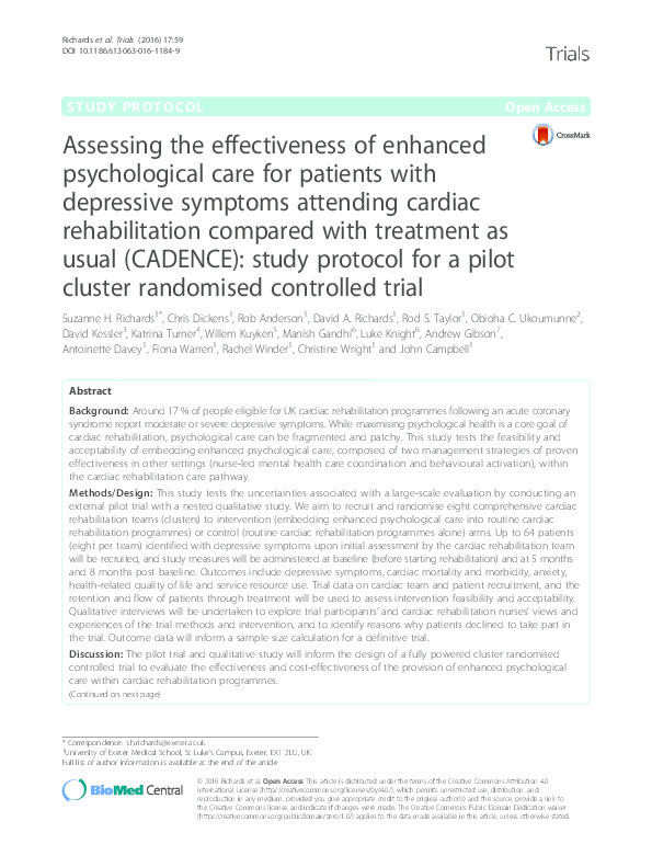 Assessing the effectiveness of enhanced psychological care for patients with depressive symptoms attending cardiac rehabilitation compared with treatment as usual (CADENCE): Study protocol for a pilot cluster randomised controlled trial Thumbnail
