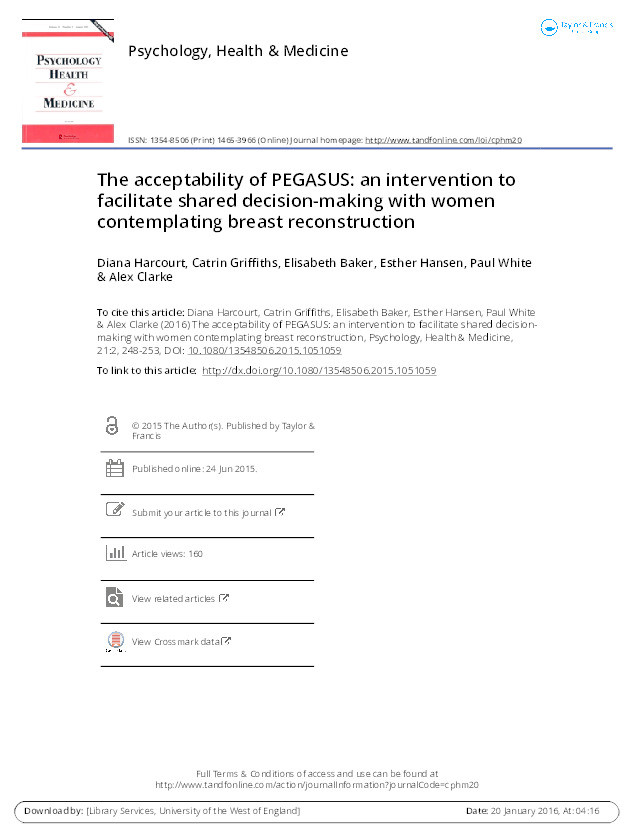 The acceptability of PEGASUS: An intervention to facilitate shared decision-making with women contemplating breast reconstruction Thumbnail