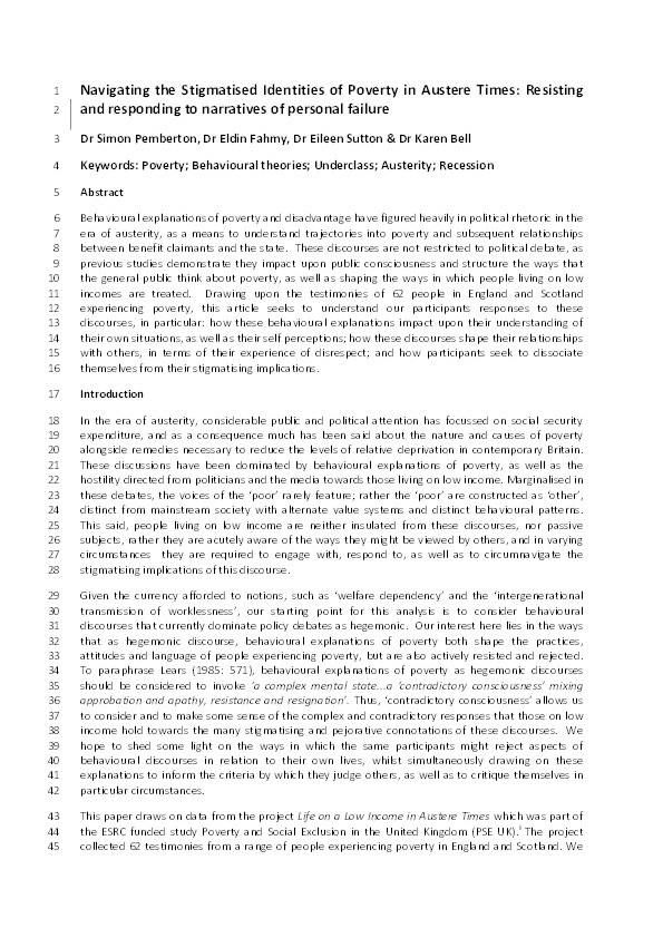 Navigating the stigmatised identities of poverty in austere times: Resisting and responding to narratives of personal failure Thumbnail