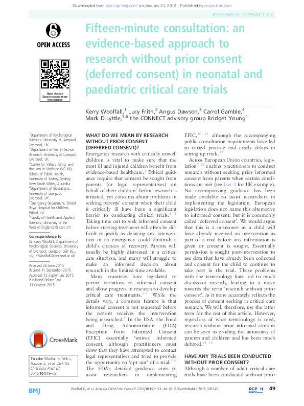 Fifteen-minute consultation: An evidence-based approach to research without prior consent (deferred consent) in neonatal and paediatric critical care trials Thumbnail