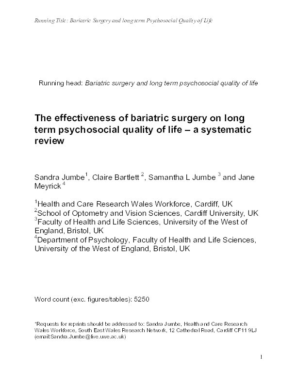 The effectiveness of bariatric surgery on long term psychosocial quality of life – A systematic review Thumbnail