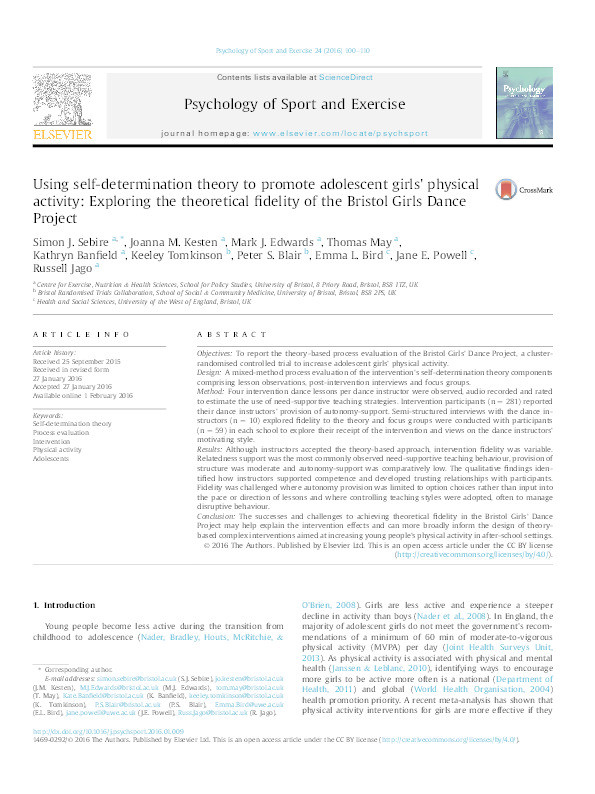 Using self-determination theory to promote adolescent girls' physical activity: Exploring the theoretical fidelity of the Bristol Girls Dance Project Thumbnail