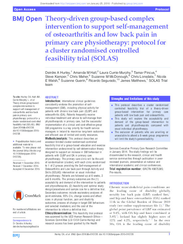 Theory-driven group-based complex intervention to support self-management of osteoarthritis and low back pain in primary care physiotherapy: Protocol for a cluster randomised controlled feasibility trial (SOLAS) Thumbnail
