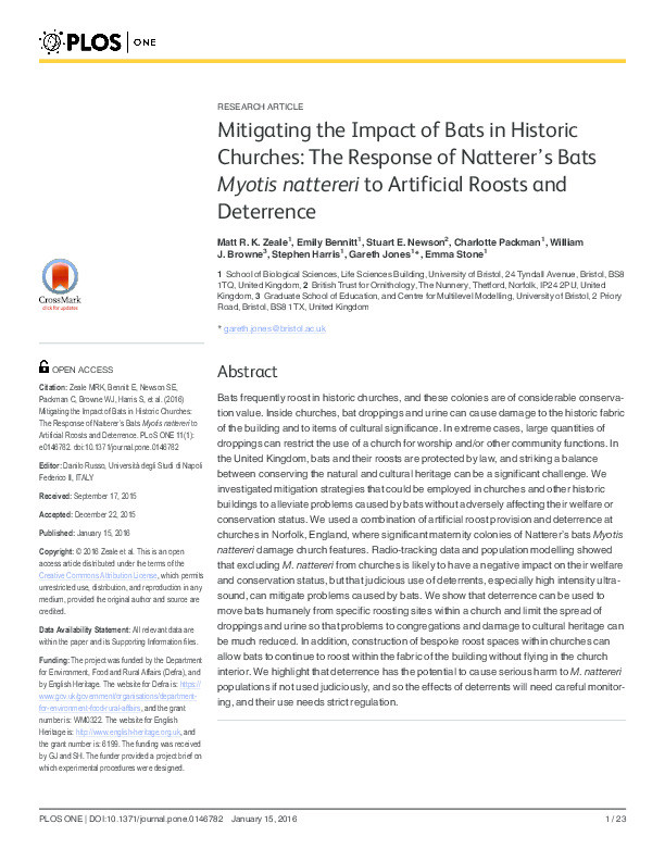 Mitigating the impact of Bats in historic churches: The response of Natterer's Bats Myotis nattereri to artificial roosts and deterrence Thumbnail