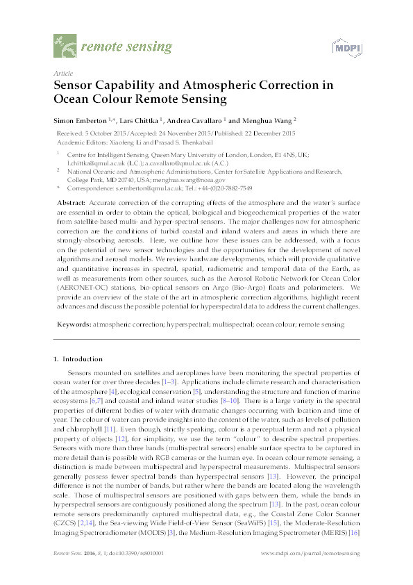 Sensor capability and atmospheric correction in ocean colour remote sensing Thumbnail