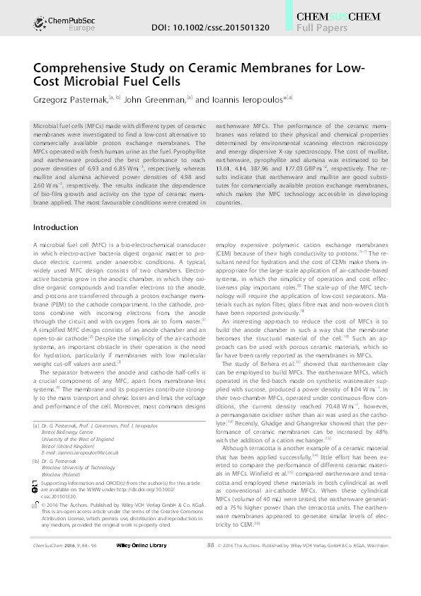 Comprehensive Study on Ceramic Membranes for Low-Cost Microbial Fuel Cells Thumbnail