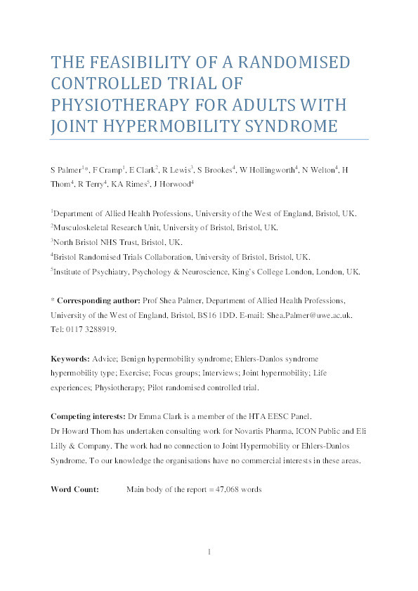The feasibility of a randomised controlled trial of physiotherapy for adults with joint hypermobility syndrome Thumbnail