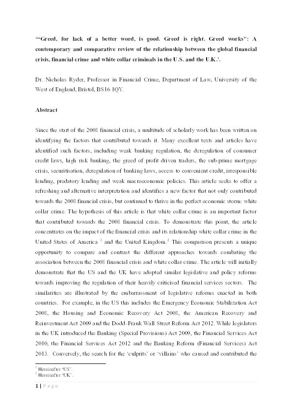 "Greed, for lack of a better word, is good. Greed is right. Greed works": A contemporary and comparative review of the relationship between the global financial crisis, financial crime and white collar criminals in the U.S. and the U.K. Thumbnail