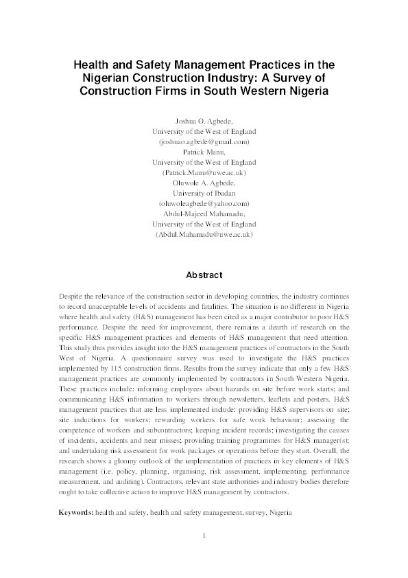 Health and safety management practices in the Nigerian construction industry: A survey of construction firms in South Western Nigeria Thumbnail