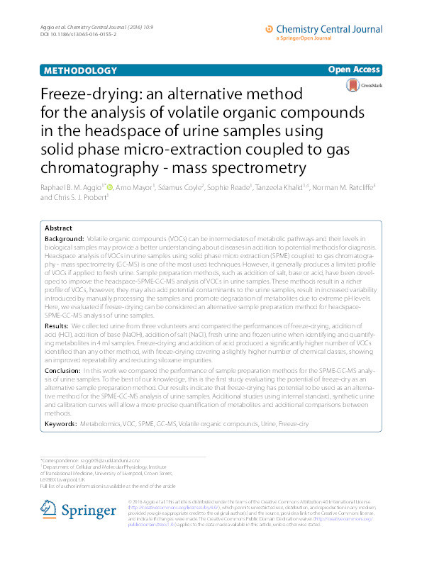 Freeze-drying: An alternative method for the analysis of volatile organic compounds in the headspace of urine samples using solid phase micro-extraction coupled to gas chromatography - mass spectrometry Thumbnail