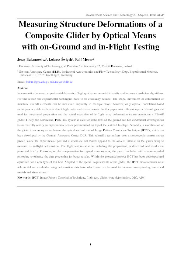 Measuring structure deformations of a composite glider by optical means with on-ground and in-flight testing Thumbnail