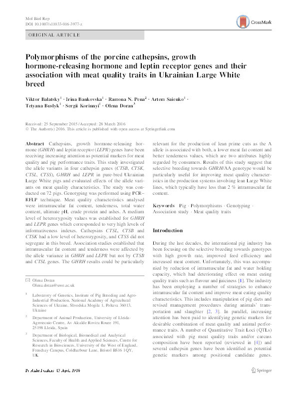 Polymorphisms of the porcine cathepsins, growth hormone-releasing hormone and leptin receptor genes and their association with meat quality traits in Ukrainian Large White breed Thumbnail