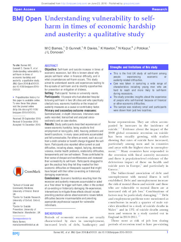 Understanding vulnerability to selfharm in times of economic hardship and austerity: A qualitative study Thumbnail