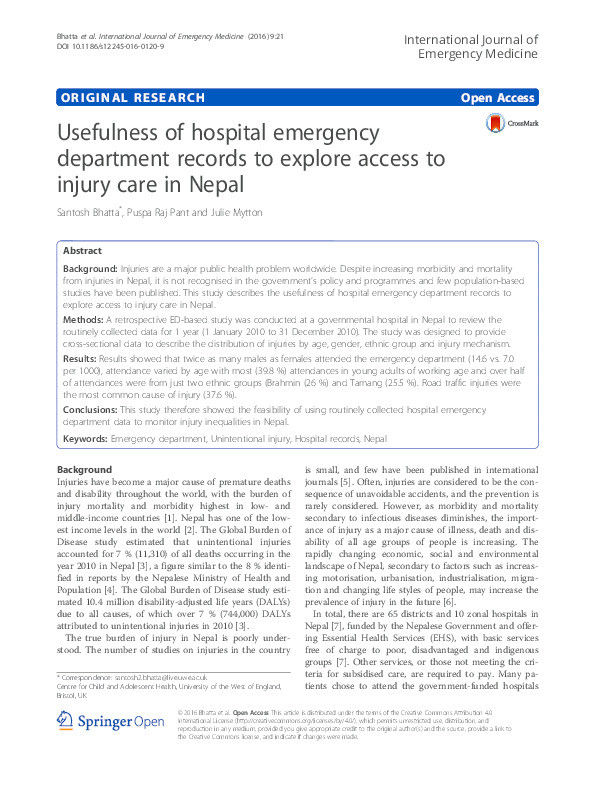 Usefulness of hospital emergency department records to explore access to injury care in Nepal Thumbnail
