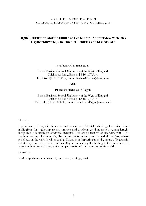 Digital Disruption and the Future of Leadership: An Interview With Rick Haythornthwaite, Chairman of Centrica and MasterCard Thumbnail