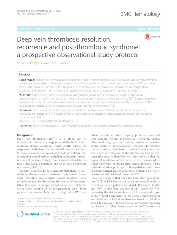 Deep vein thrombosis resolution, recurrence and post-thrombotic syndrome: A prospective observational study protocol Thumbnail