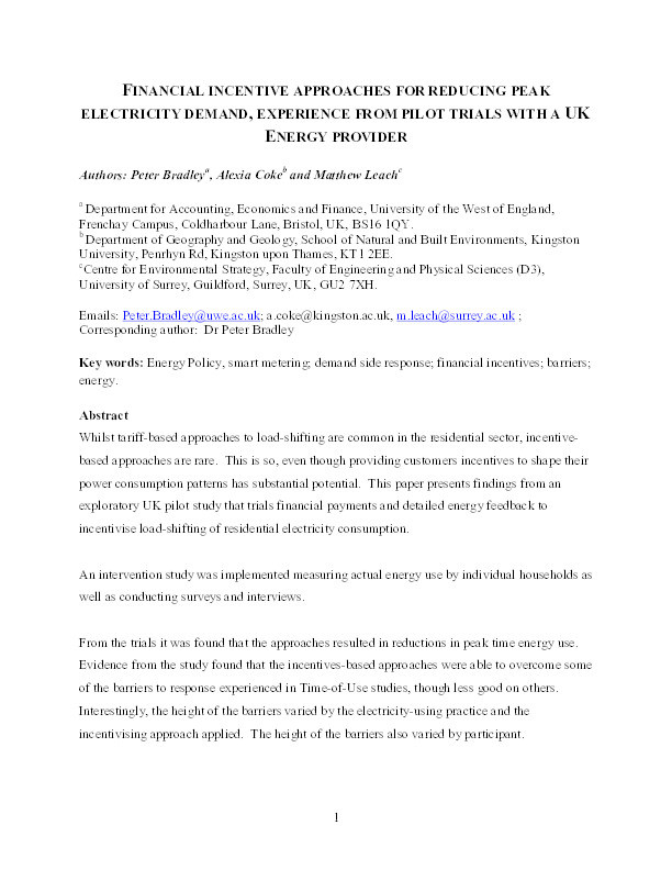 Financial incentive approaches for reducing peak electricity demand, experience from pilot trials with a UK energy provider Thumbnail