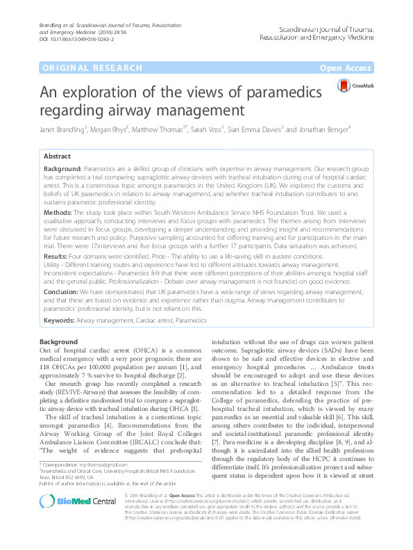 An exploration of the views of paramedics regarding airway management Thumbnail