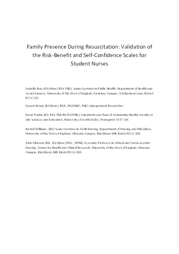 Family presence during resuscitation: Validation of the risk–benefit and self-confidence scales for student nurses Thumbnail