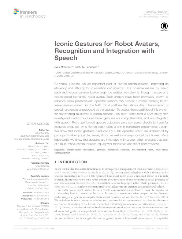 Iconic gestures for robot avatars, recognition and integration with speech Thumbnail