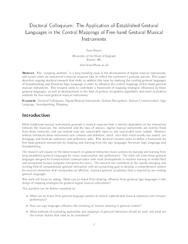 Doctoral colloquium: The application of established gestural languages in the control mappings of free-hand gestural musical instruments Thumbnail