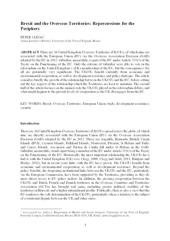 Brexit and the Overseas Territories: Repercussions for the Periphery Thumbnail