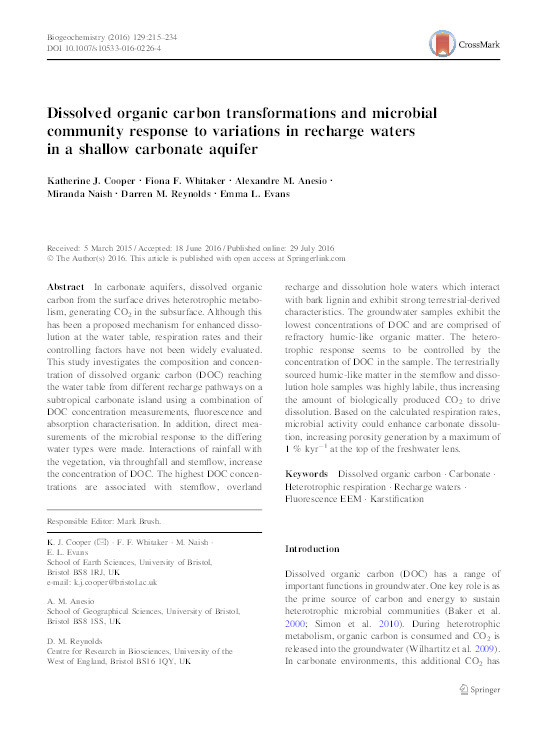 Dissolved organic carbon transformations and microbial community response to variations in recharge waters in a shallow carbonate aquifer Thumbnail