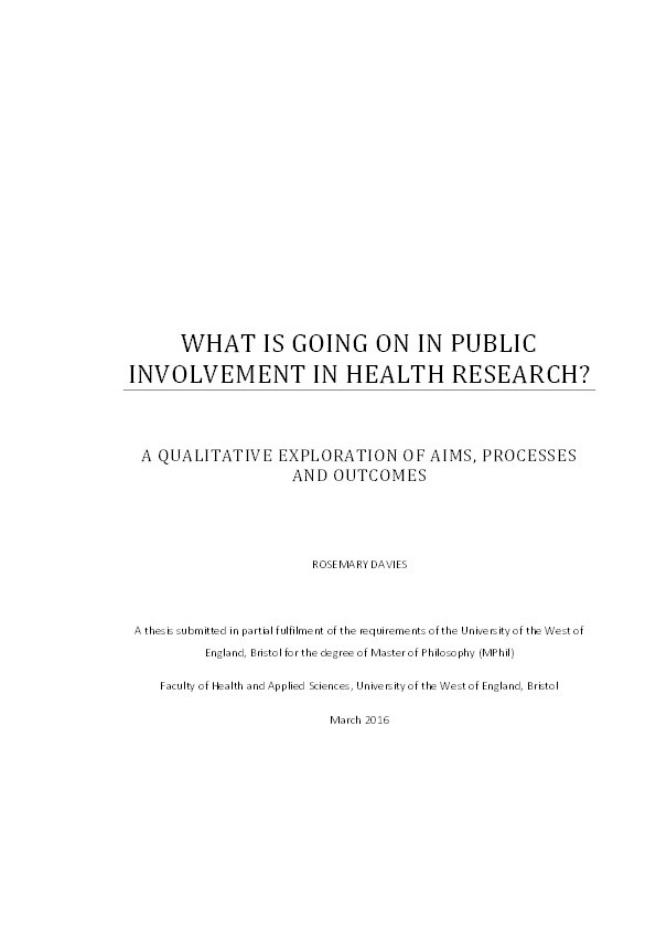 What is going on in public involvement in health research? A qualitative exploration of aims, processes and outcomes Thumbnail