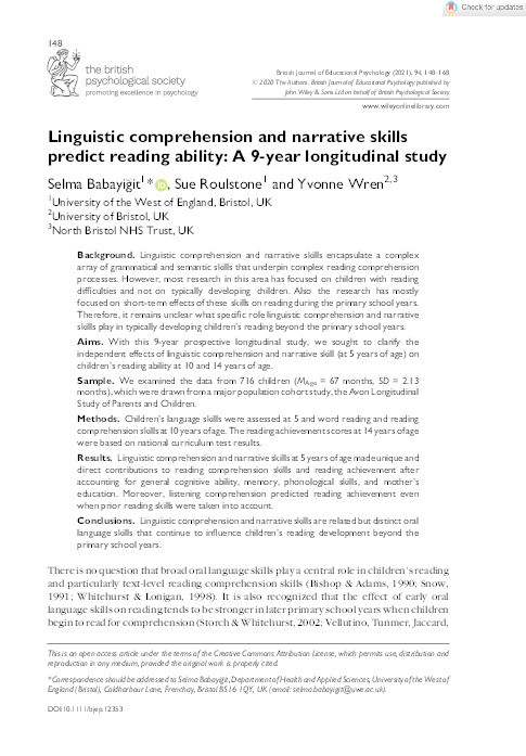 Linguistic comprehension and narrative skills predict reading ability: A 9-year longitudinal study Thumbnail